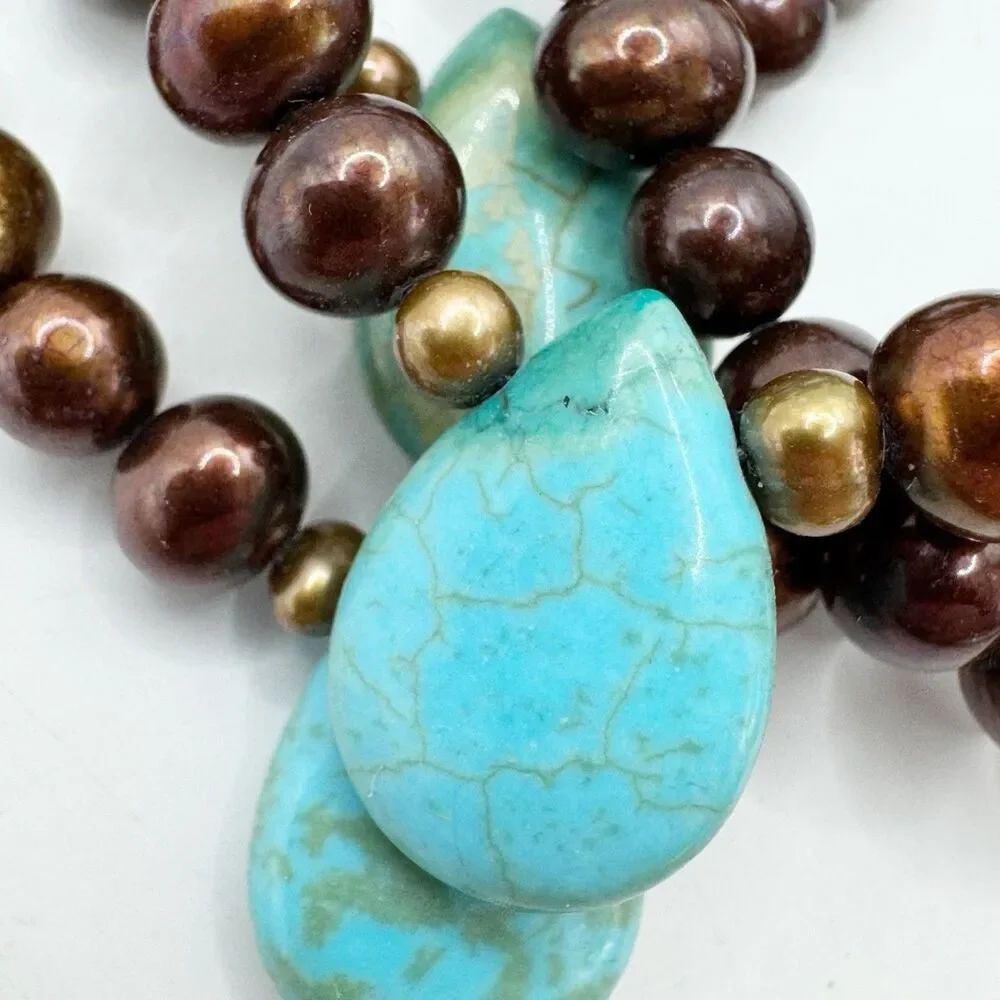 Turquoise Teardrop Bronze Pearl Double Strand Necklace Sterling Silver Bohemian